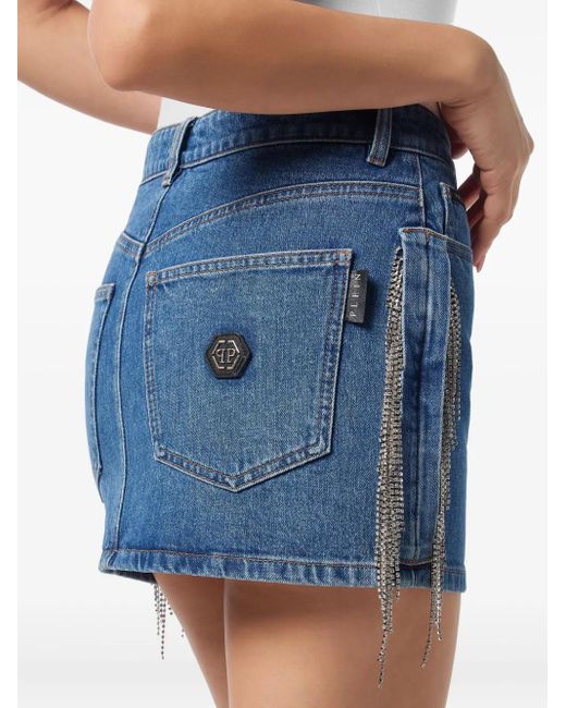 Philipp Plein Blue Denim Mini Skirt Crystal Fringes