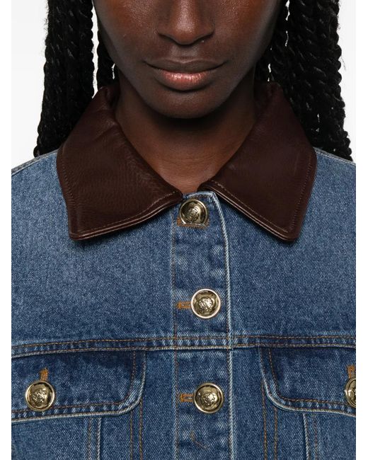 Sandro Blue Leather-Collar Button-Up Denim Jacket