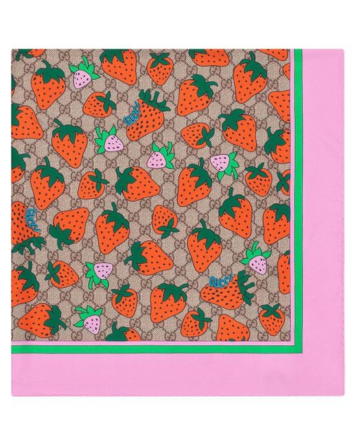 Gucci Pink GG Scarf With Strawberry Print