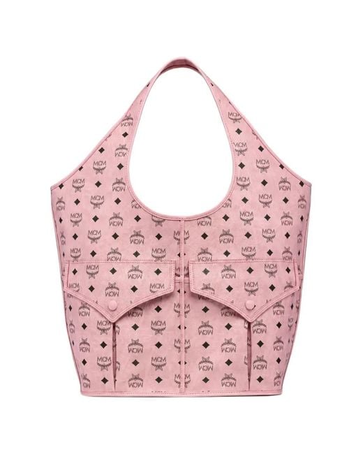 MCM Pink Visetos-Print Pocket-Detail Tote Bag