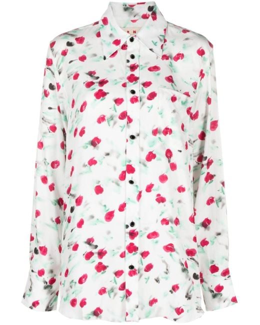 Marni Red Floral Print Shirt With Logo Buttons