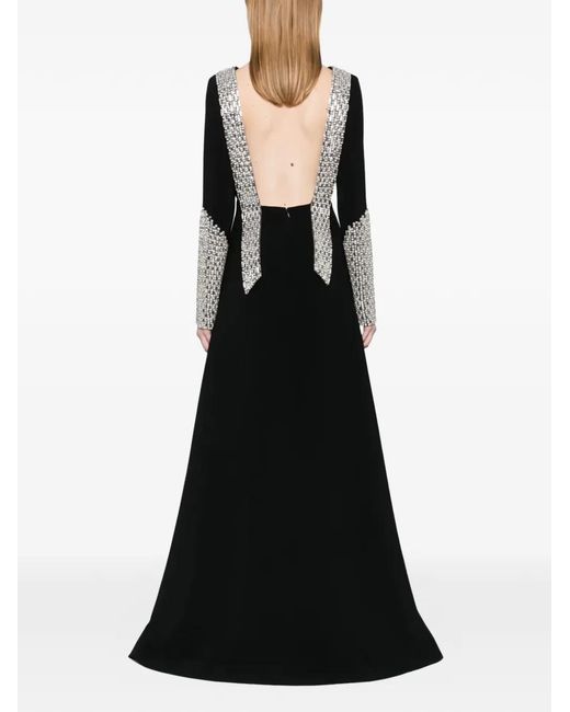Dina Melwani Black Crystal-Embellished Open-Back Gown