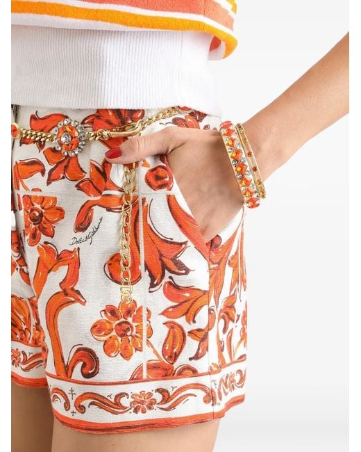 Dolce & Gabbana Red Maiolica-Print Pressed-Crease Shorts