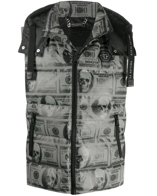 Philipp Plein Black Skull Dollar Feather Down Vest for men