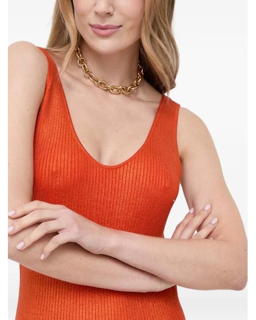Patrizia Pepe Red Ribbed-Knit Side-Slit Midi Dress