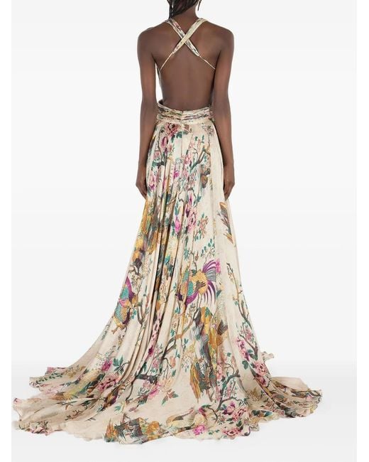 Roberto Cavalli Natural Pleated Floral-Print Dress