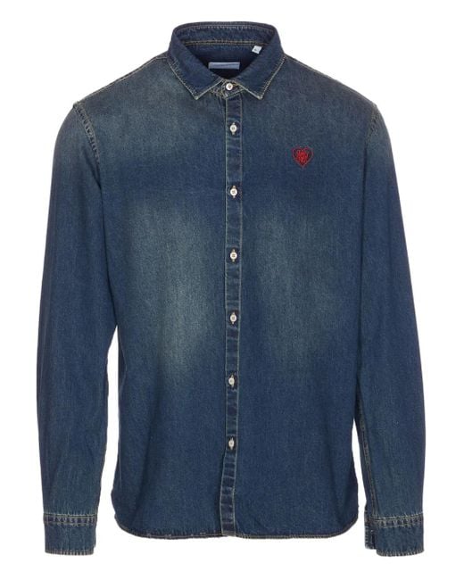 FAMILY FIRST Blue Embroidered-Heart Denim Shirt for men