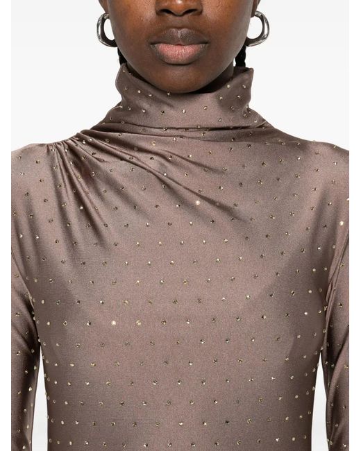ANDAMANE Brown High-Neck Rhinestone-Embellished Dress