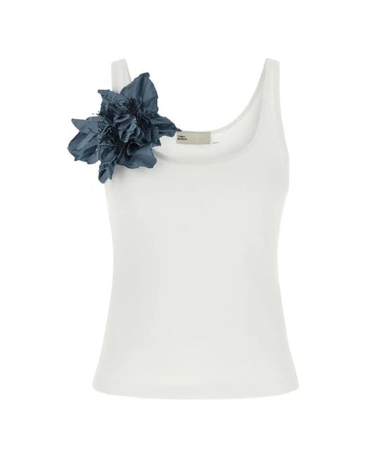 Tory Burch Blue Floral-Appliqué Ribbed-Knit Tank Top