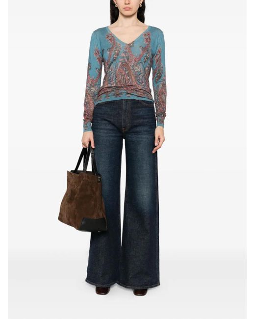 Etro Blue Paisley-Print V-Neck Top
