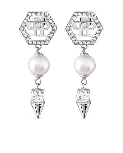 Philipp Plein White Pp Spiked Pearls Earrings