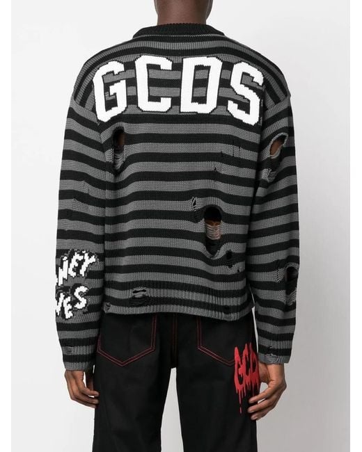 Gcds Gray Intarsia-Knit Striped Jumper for men