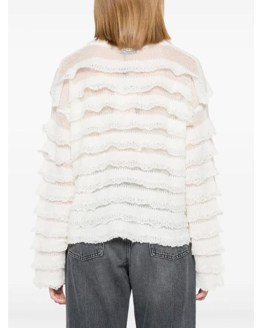 Twinset White Ruffled Open-Knit Jumper