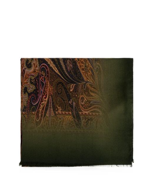 Etro Green Paisley-Print Fringed Scarf for men