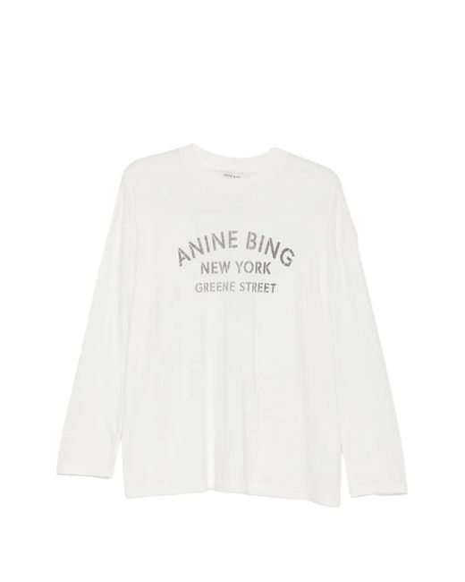 Anine Bing White Logo-Print Long-Sleeve T-Shirt
