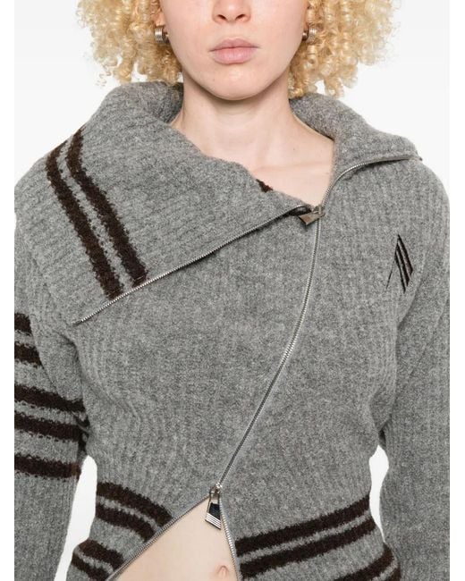 The Attico Gray Striped Cardigan With Asymmetrical Zip Closure