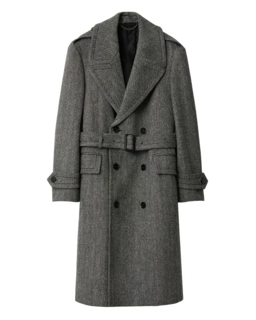 Burberry Wollen Trenchcoat Met Visgraatpatroon En Ceintuur in het Gray voor heren