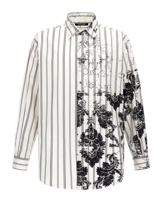 Roberto Cavalli White Broccato-Print Striped Shirt for men