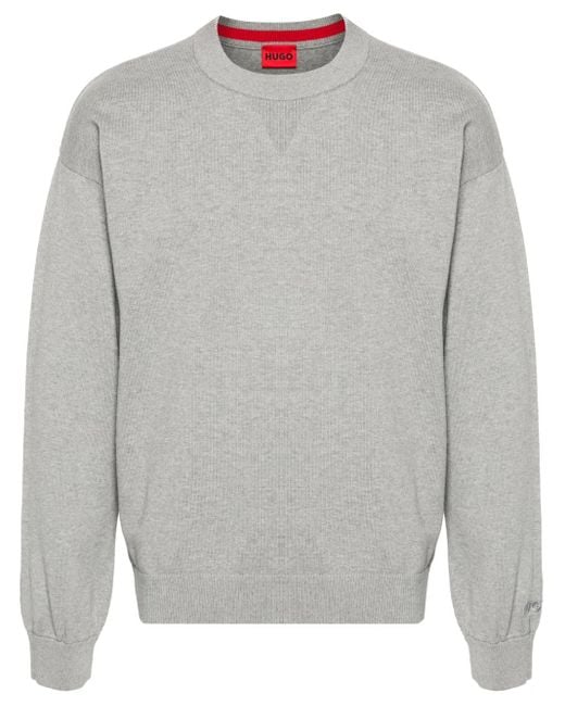HUGO Gray Logo-Embroidered Cotton Jumper for men