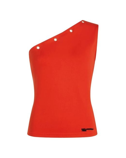 Karl Lagerfeld Red Eyelet-Detail One-Shoulder Top