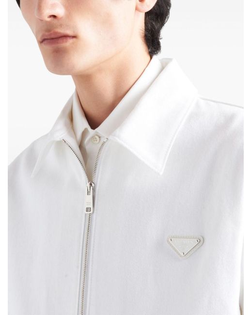 Veste zippée à plaque logo Prada pour homme en coloris White