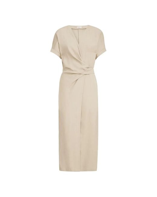 Brunello Cucinelli Natural Viscose And Linen Fluid Twill Wrap-Effect Dress With Monili