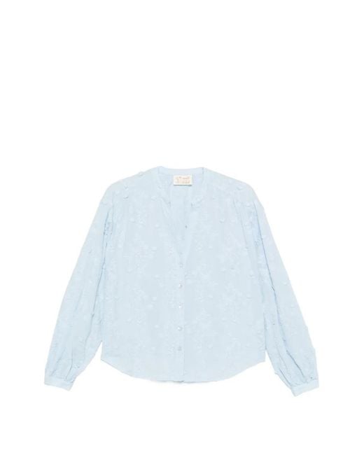 Mc2 Saint Barth Blue Liona Butterfly-Embroidered V-Neck Blouse