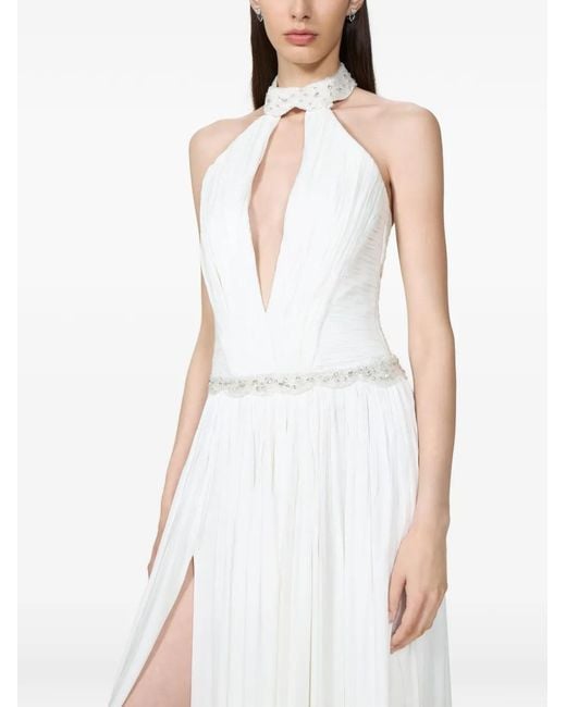 Costarellos White Juliette Crystal-Embellished Halterneck Gown