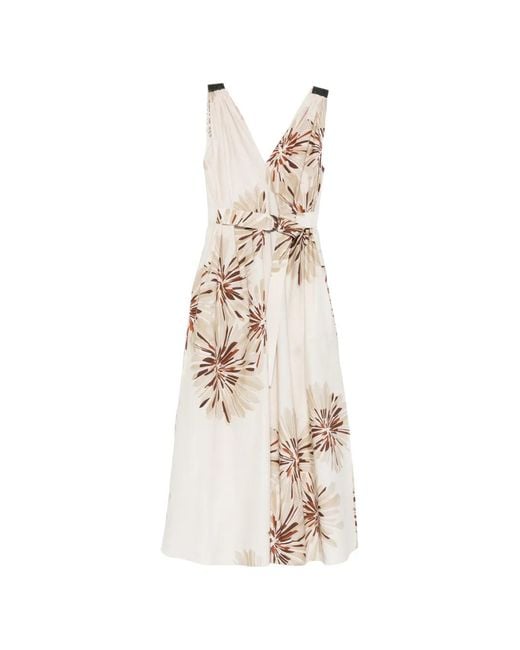 Brunello Cucinelli White Floral Belted Midi Dress