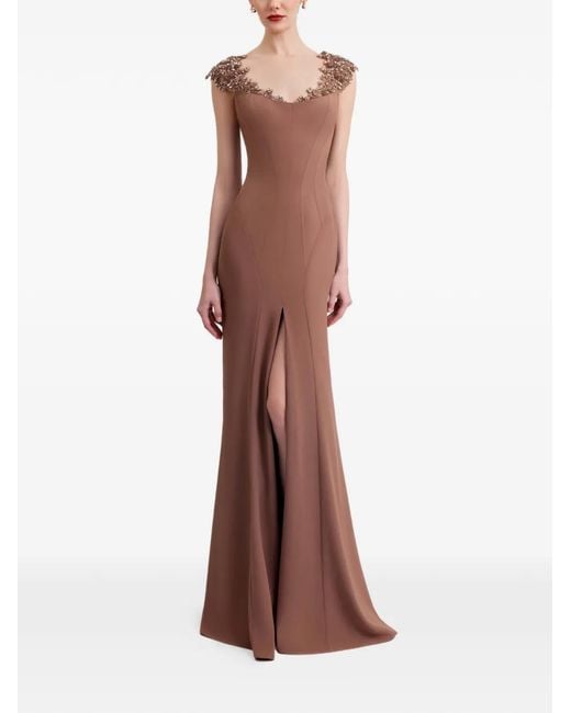 Gemy Maalouf Brown Beaded-Neckline Dress