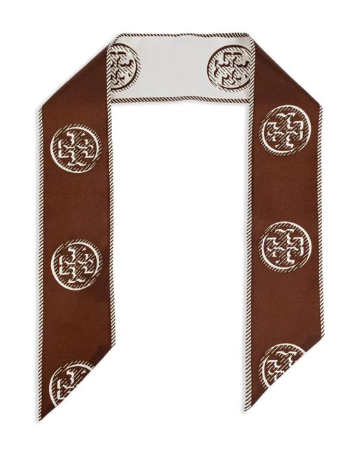 Tory Burch Brown Monogrammed Silk Scarf