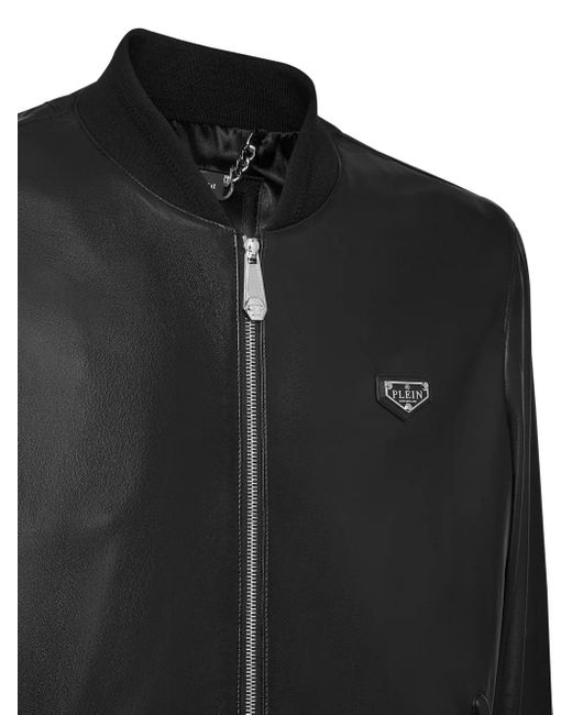 Philipp Plein Black Leather Bomber Jacket for men