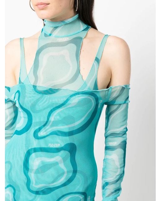 Julfer Blue Graphic-Print Semi-Sheer Layered Dress