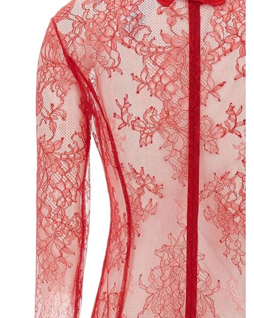 Blumarine Red Floral-Lace High-Neck Bodysuit