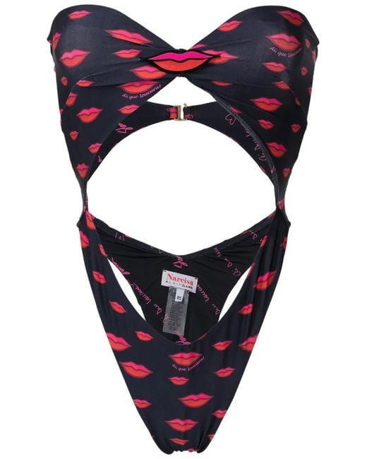 Amir Slama Blue Lip-Print Cut-Out Swimsuit