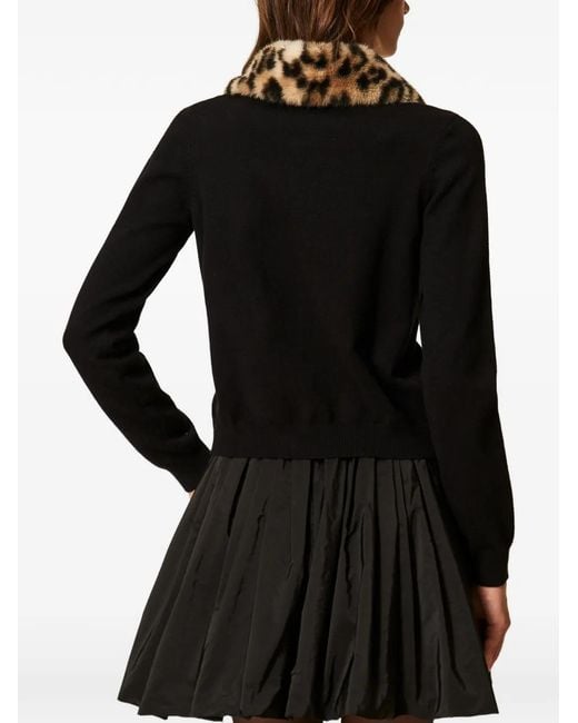 Twinset Black Jacket With Faux Fur And Knit Collar