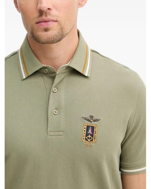 Aeronautica Militare Green Logo-Embroidered Tipped Polo Shirt for men