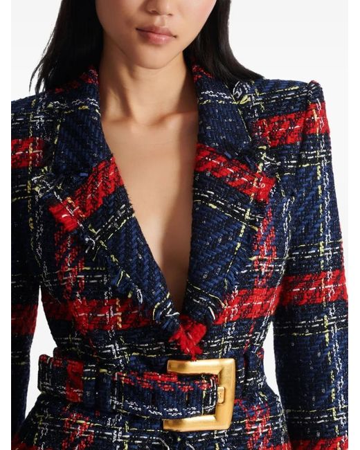 Balmain Red Belted Plaid Tweed Jacket