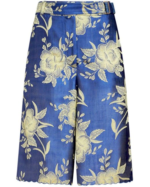 Etro Blue Floral-jacquard Belted Shorts