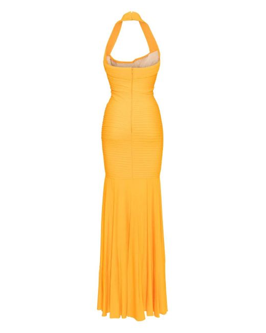 Hervé L. Leroux Metallic Asymmetric Halter Hand Draped Fishtail Gown