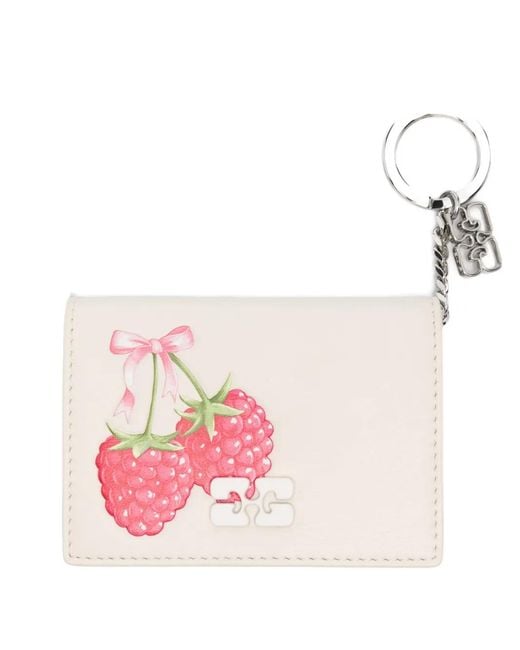 Ganni Pink Raspberry-Print Leather Wallet