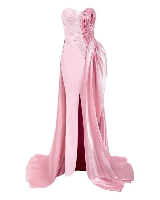 Gaby Charbachy Pink Embellished Rose-Detail Evening Gown