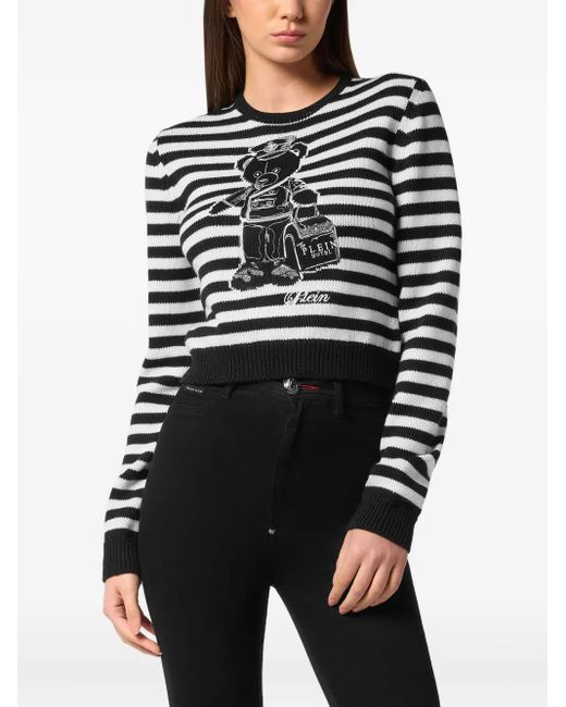 Philipp Plein Black Striped Round Neck Pullover Teddy