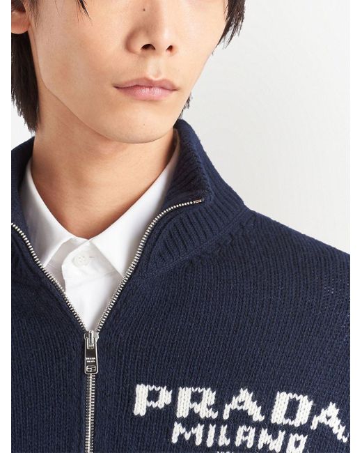 Prada Blue Intarsia-knit Logo Zip-up Cardigan for men