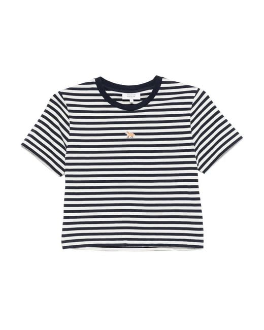 Maison Kitsuné Blue Baby Fox-Embroidered Striped Cropped Top
