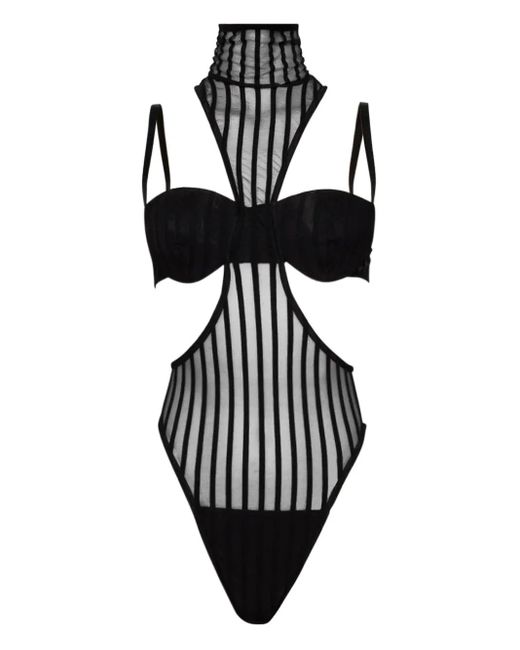 LAQUAN SMITH Black Mock-Neck Striped Bodysuit