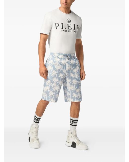 Philipp Plein Blue Kid Fit Chambray-Print Shorts for men