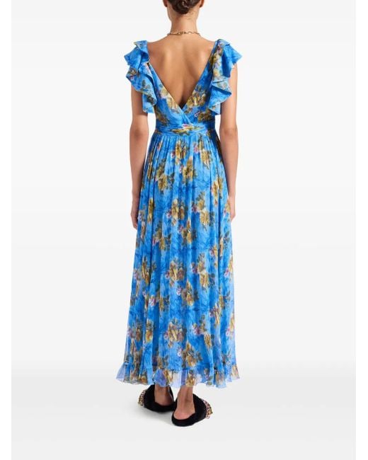LaDoubleJ Blue Ruffled-Details Floral-Print Maxi Dress