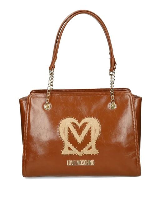Love Moschino Brown Logo-Plaque Studded Shoulder Bag