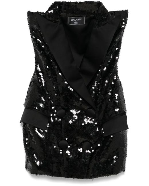 Balmain Black Sequinned Tailored Mini Dress